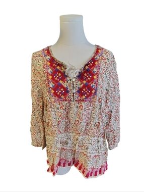 Cost Plus World Market Bohemian Red Cream Cottagecore Blouse Size Large XL
